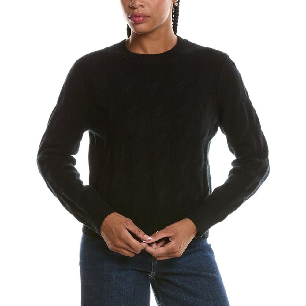 Forte Cashmere Womens  Luxe Cable Crewneck 100% Cashmere Sweater, Black